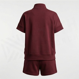 Women's 2 Piece <b>Knitted</b> Solid Color Short Sleeve Top and Above Knee Shorts <b>Set</b> with Stand Collar and Zipper Casual Wear - Product Image 2