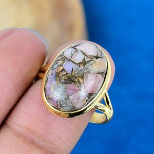 Natural Pink <b>Opal</b> Copper Cushion Shape Gemstone <b>Ring</b> 18k <b>Gold</b> Finish Oval 925 Sterling Silver - Product Image 3