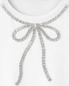 Camiseta Blanca Personalizada de Algodón para Mujer con Diseño de Lazo de Diamantes de Imitación, Manga Corta, Cuello Redondo, Estilo Casual, Top de Moda para Damas, Personalización OEM, Venta al Por Mayor - Product Image 5