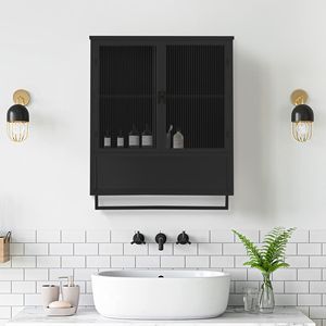 Mobiletto da parete moderno in vetro a due ante da 60 cm con spazio contenitivo a due livelli e portasciugamani aperto per bagno - Product Image 2
