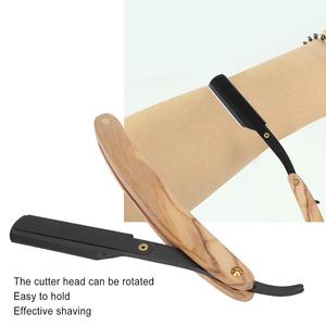 Navaja de afeitar manual plegable de acero inoxidable portátil para el cuidado facial, cuchilla recta con mango de madera natural marrón - Product Image 3