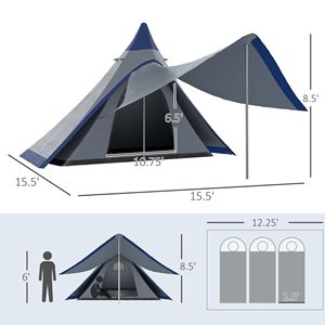 Tienda de campaña tipi azul con porche, fácil de instalar, para 2-3 personas, ideal para senderismo al aire libre - Product Image 2