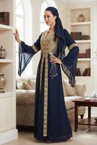 Abaya pour femme bleu marine brodée en organza de polyester, longueur ras du sol, col cœur, manches longues, style modeste du Moyen-Orient, pour mariage - Product Image 2