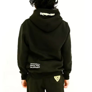 Unisex Black Hooded Tracksuit Set With Slogan Print Full Length Sweatpants And Pullover Streetwear Style For Adults Autumn Wear - Product Image 4