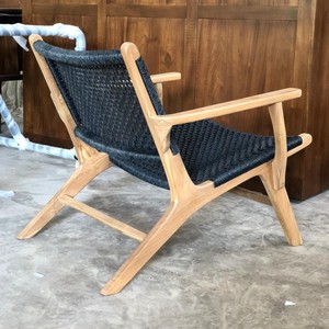 Sillón de Madera de Teca de Lujo con Asiento de Cuerda de Ratán Tejida Negra, Sillón de Descanso para Interiores y Exteriores, para Hotel, Villa, Patio, Sala de Estar - Product Image 3