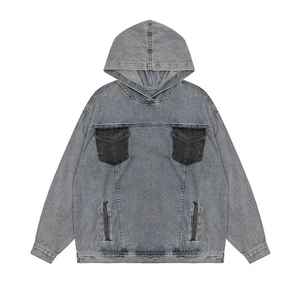 เสื้อแจ็คเก็ตฮู้ดดี้ยีนส์สีน้ำเงินฟอกสไตล์วินเทจสำหรับผู้ชาย พิมพ์ลายสก็อตบุขนแกะ ทรงปกติ สกรีนโลโก้ได้ สไตล์สตรีทแวร์ - Product Image 1