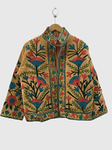 Chaqueta de Algodón con Bordado Floral a Mano, Cuello Mandarín, Manga Larga, Talla Grande, Estilo Prairie Chic para Mujer, Otoño - Product Image 1