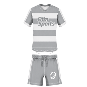 Conjunto de Uniforme de Rugby de Manga Corta Gris Claro y Blanco, Jersey de Rugby a Rayas con Cuello Redondo, Pantalones Cortos con Cordón, Ropa Deportiva para Equipos - Product Image 1