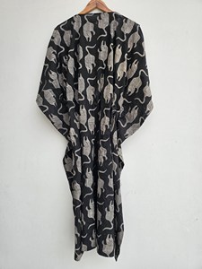 Artisan Handmade <b>Black</b> Cotton Tiger Print <b>Kaftan</b> Dress Boho Maxi Caftan with Adjustable Waist Tie Lightweight Lounge Wear - Product Image 2