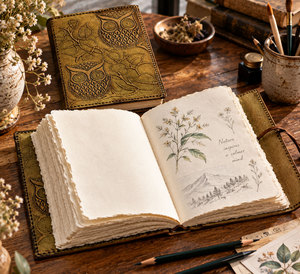 Vintage Handmade Genuine Leather <b>Notebook</b> with Antique Deckle Edge Paper for Writing Owl Design - Product Image 2