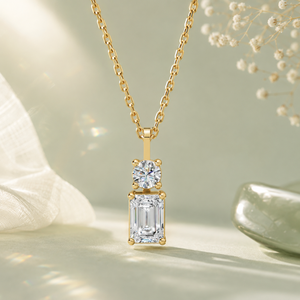 Collier élégant en argent sterling 925 avec pendentif double pierre en diamant simulé taille émeraude et rond, et lien solitaire - Product Image 3