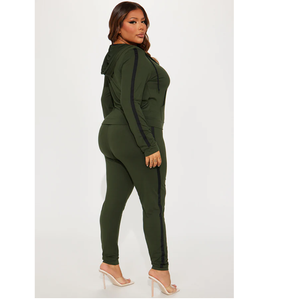 Women's Olive Green Hooded Long Sleeve Jumpsuit High Waist Skinny Fit Side Stripe Casual Street Wear Full Length One Piece - Product Image 2