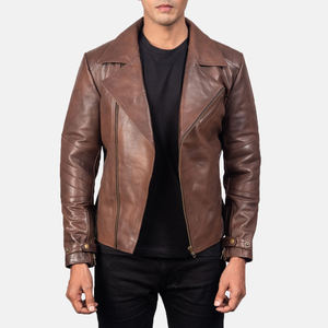 Blouson de motard en cuir marron vieilli pour homme – Coupe ajustée asymétrique, vêtement d'extérieur moto - Product Image 5