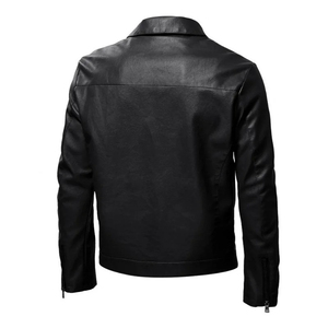 Chaqueta de Cuero PU Negra para Hombre, Estilo Motero, Cierre de Cremallera, Cuello Camisero, Corte Ajustado, Largo Regular, para Otoño - Product Image 4