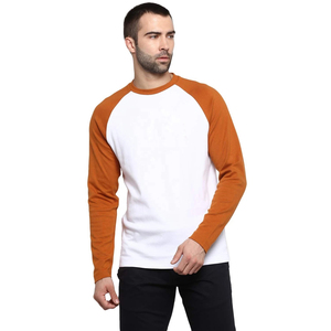 T-shirt à manches longues raglan blanc et orange pour homme, col rond, coupe décontractée, couleur unie, 100 % coton tricoté, design vierge - Product Image 5