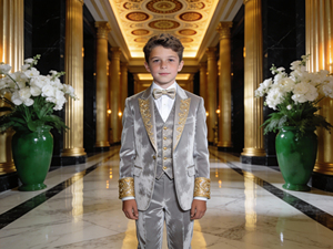 Traje de esmoquin de terciopelo champán para niños con bordado dorado – Traje formal para bodas y fiestas para niños al por mayor - Product Image 3