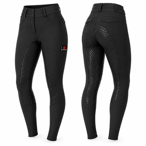 Pantalones de equitación de cintura alta para mujer con botones, largos, transpirables, de spandex y nailon, con bolsillos, color negro sólido, para equitación. - Product Image 1