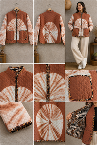 เสื้อแจ็คเก็ตผ้าควิลท์ลายไทไดสำหรับผู้หญิง ขายส่ง งานฝีมือ ผ้าฝ้ายสีน้ำตาล เสื้อโค้ทฤดูหนาว คอตั้ง แต่งลายเสือ บุผ้าอุ่น - Product Image 5