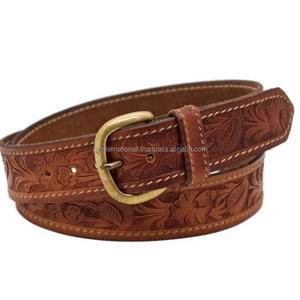 Hand <b>Tooled</b> Full Grain <b>Leather</b> Men's Rotary Embossed Western Fashion <b>Belt</b> in Premium Black and Brown <b>Leather</b> - Product Image 1
