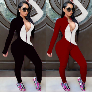 Mono de manga larga para mujer, negro y blanco en contraste, cintura alta, ajuste ceñido, cuello en V, cremallera frontal, licra y poliéster, ropa de club - Product Image 6