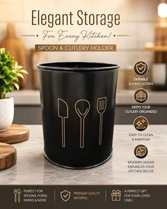 Porte-ustensiles cylindrique noir avec icônes dorées pour couverts – Support de rangement minimaliste pour cuillères, spatules et fourchettes - Product Image 3