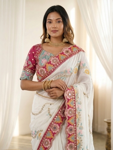Sari indien ethnique de créateur, orné de paillettes, pour toutes les occasions spéciales et les événements, tenue tendance pour femmes. - Product Image 5