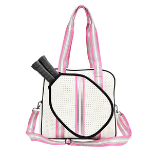 Sac de raquette en néoprène rayé bleu marine et rose, fermeture éclair, résistant à l'eau, sac de sport pour le tennis - Product Image 3