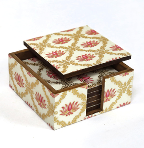 แผ่นรองแก้ว MDF พิมพ์ลายดอกบัวและใบไม้ รูปทรงสี่เหลี่ยม ดีไซน์โบราณ - Product Image 1