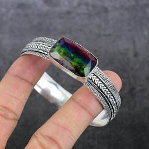 Natural Ammolite Sterling <b>Silver</b> Plated Channel Setting Ethnic Unisex Engagement Cuff <b>Bangle</b> <b>Bracelet</b> Rectangle Shape Wholesale - Product Image 2
