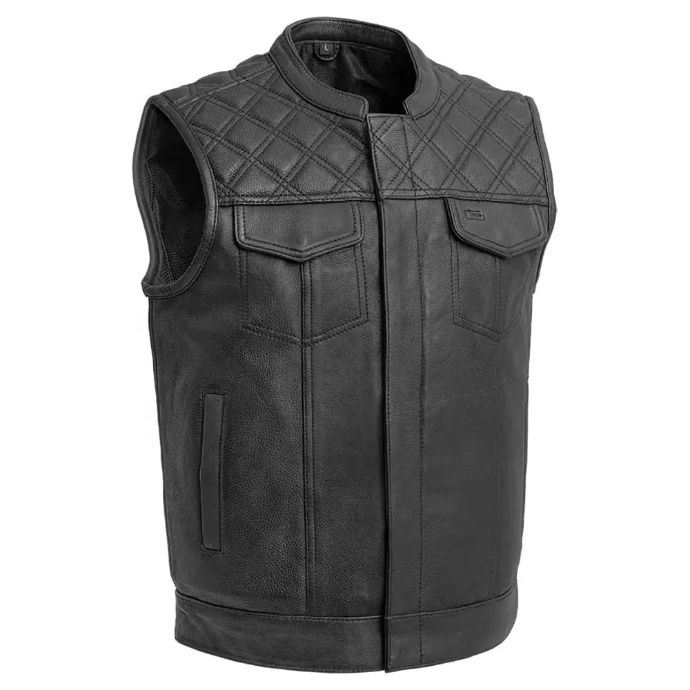 Colete masculino para motociclista, colete de couro estilo colete bordado sem mangas preto