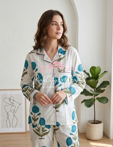 Women Floral Hand Block Printed Cotton Breathable Winter Pajama Set Elegant White Long Sleeve Button-<b>Down</b> Nightwear Shirt - Product Image 4