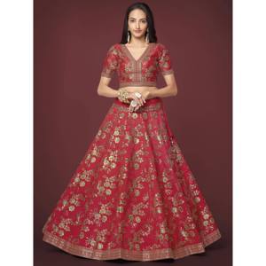 Bewitching <b>Red</b> Zari Work Slub <b>Silk</b> Wedding Lehenga Choli - Product Image 6