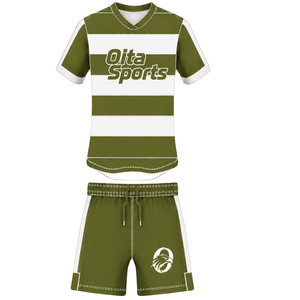 Conjunto de Uniforme de Rugby Verde Oliva y Blanco de Manga Corta, Jersey de Rugby a Rayas con Cuello Redondo, Pantalones Cortos con Cordón, Ropa Deportiva para Entrenamiento - Product Image 1