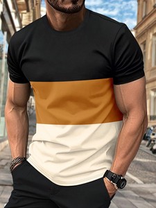 Men's Color Blocked Short Sleeve T-Shirt Regular Fit O-Neck Casual Cotton Jersey Fabric Letter Print Custom <b>Logo</b> Regular Length - Product Image 1