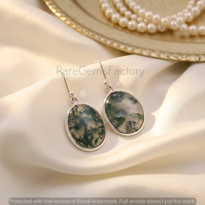 Pendientes de Plata de Ley 925 con Ágata Musgosa, Piedra Preciosa Verde Natural, Pendientes Colgantes Ovalados, Joyería Hecha a Mano para Mujer - Product Image 5