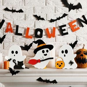 Set Decorazioni Halloween Ute Ghost per Interni, Decorazione per Vassoio a Più Livelli in Legno, 3 Insegne con Gatto Nero e Scopa da Strega, Zucca B, Zucca B Esclusiva - Product Image 5