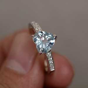 Natural Aquamarine <b>Ring</b> Heart Cut Gemstone <b>Ring</b> Sterling Silver March Birthstone Promise Wedding <b>Ring</b> - Product Image 1