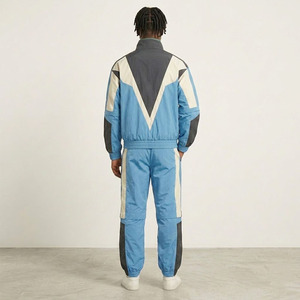 Custom Logo Men's Blue Color Block Nylon Tracksuit 2 Piece Set Vintage Streetwear Windbreaker Jogger Pants - Product Image 4