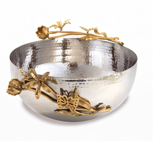 Handmade Metal Bowl With Gold Flower And <b>Butterfly</b> Design Polished Surface <b>Decorative</b> Serving Bowl For Gifting - Product Image 1