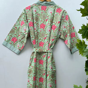 Bata Kimono de Algodón con Estampado Floral Indio para Descansar - Product Image 1