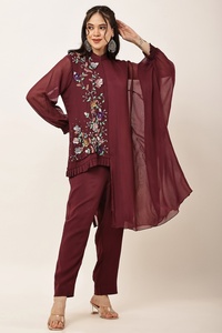 Elegant Women's Embroidered Cord Set Mandarin Collar <b>Loose</b> Boho Style Full Sleeve Georgette Casual <b>Dress</b> - Product Image 4