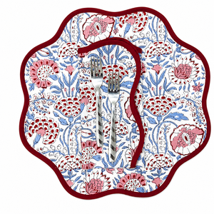 <b>Round</b> scalloped botanical Placemat Block Print fabric <b>table</b> <b>mat</b> easy care machine washable rustic kitchen decor dining <b>mat</b> set - Product Image 1