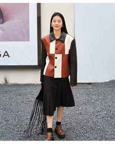 Hot Sale Customise British Style Cropped Button Plaid PU Baseball <b>Jackets</b> <b>Blazer</b> <b>Leather</b> <b>Jacket</b> For Women - Product Image 3