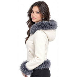 Veste d'hiver pour femme, à capuche, avec garniture en fausse fourrure crème, fermeture éclair, manches courtes, coupe régulière, coupe-vent, en polaire, couleur unie, avec capuche - Product Image 3
