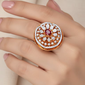 แหวนพลอยทับทิมสีชมพูทรงรีสุดหรู ประดับเพชรทองสองสี ดีไซน์ลายดอกไม้แบบราชวงศ์ เหมาะสำหรับงานเลี้ยงขนาดใหญ่ - Product Image 1