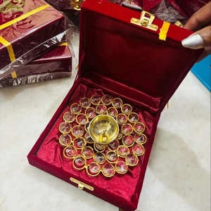 Crystal Studded Brass Diya with Premium Red Velvet Gift Box Decorative Kamal Akhand Jyot Deepam for Puja Diwali Decorations - Product Image 1