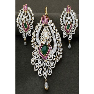 <b>Beautiful</b> Premium Quality Gold White Finish Designer Pendant Necklace Set with <b>Earrings</b> for Wedding Party Women Wear Collection - Product Image 1