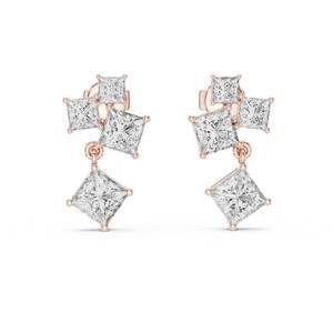 Boucles d'oreilles de conception étonnante, coupe princesse, or massif 14 carats, boucles d'oreilles tendance pour femmes, bijoux en diamant cultivé en laboratoire, design élégant et raffiné - Product Image 1