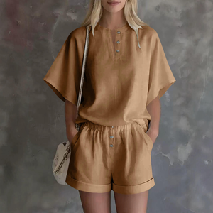 Conjunto de Dos Piezas de Verano para Mujer, Color Sólido, Informal, Top de Manga Corta con Detalle de Botones, Corte Holgado, Largo por Encima de la Rodilla - Product Image 5