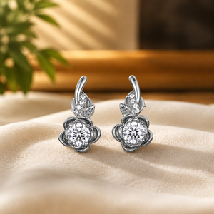 Boucles d'oreilles pendantes en argent sterling 925, motif fleur, avec moissanite taille brillant rond, cadeau pour femme, idéales pour mariage - Product Image 1